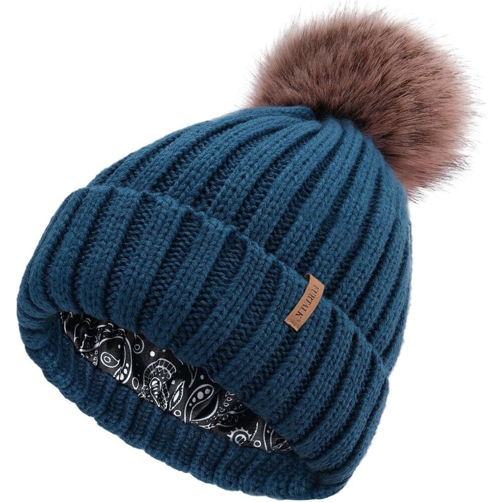 Women's Blue Winter Beanie Hat Satin Lined Faux Fur Pom Pom Beanies Hat